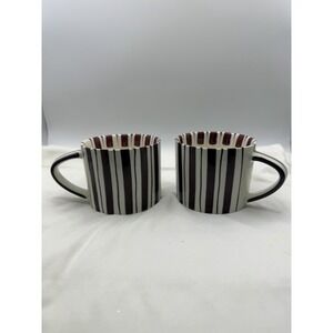Noon & Moon Cherry Lacquer Striped Ceramic Mugs Set of 2 NEW